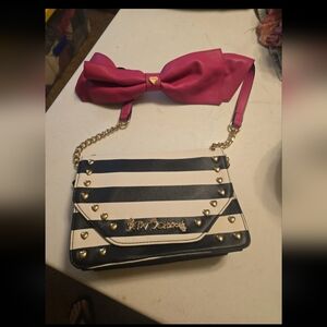 Betsey Johnson Striped Crossbody with Pink Bow and Gold Accents